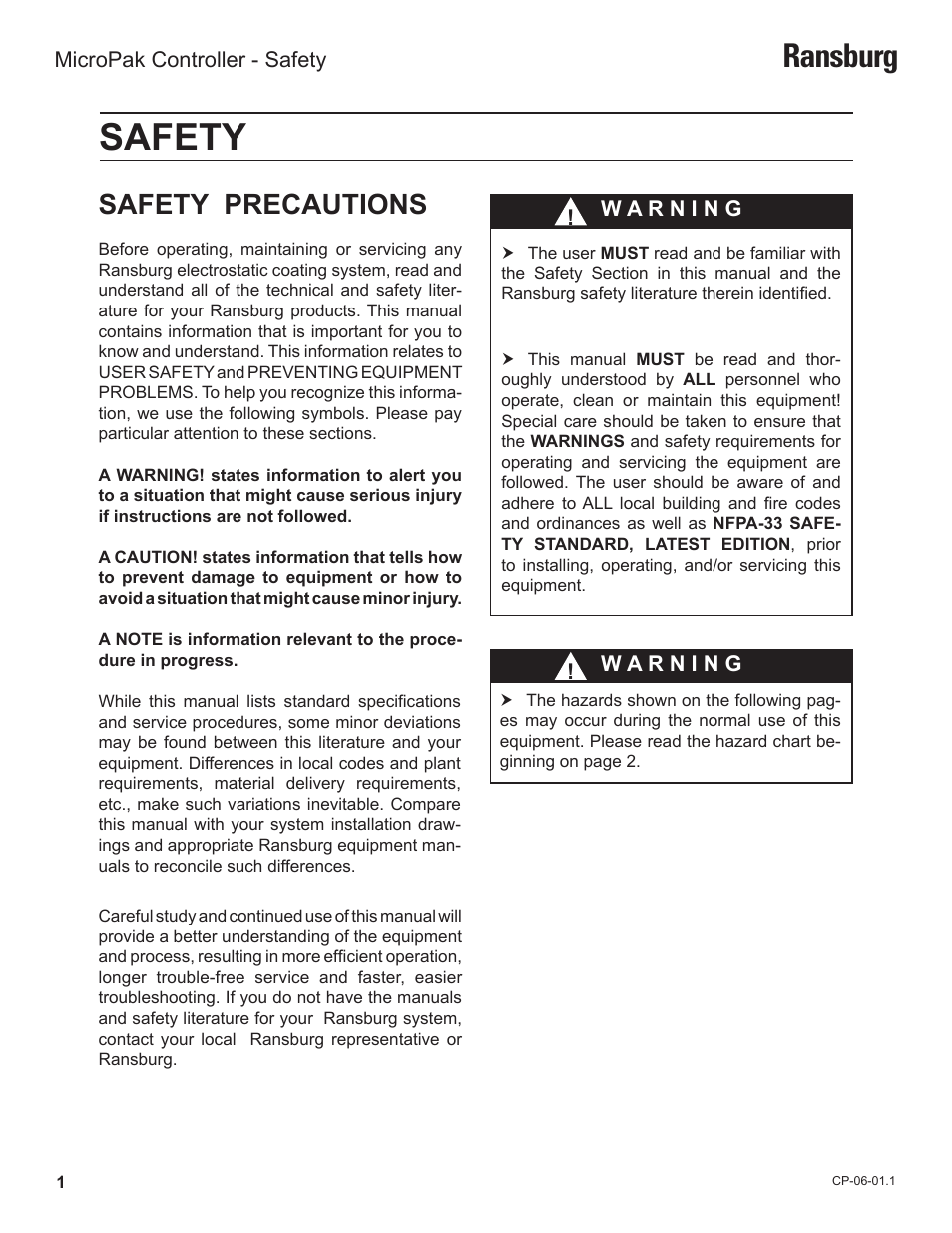 Safety, Ransburg, Safety precautions | Ransburg MicroPak Controller A11789 User Manual | Page 3 / 34