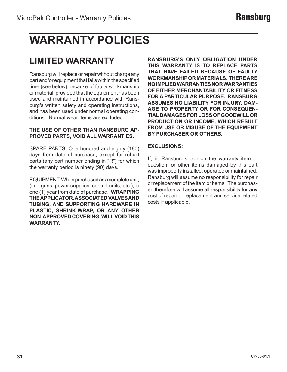 Warranty policies, Ransburg, Limited warranty | Ransburg MicroPak Controller A11789 User Manual | Page 33 / 34