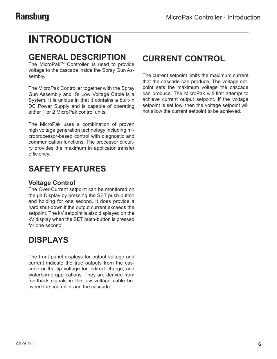 Introduction, Ransburg, General description | Safety features, Displays, Current control | Ransburg MicroPak Controller A11789 User Manual | Page 8 / 34