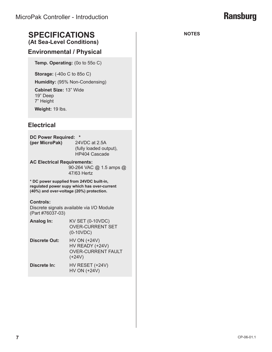 Ransburg, Specifications, Environmental / physical | Electrical micropak controller - introduction | Ransburg MicroPak Controller A11789 User Manual | Page 9 / 34