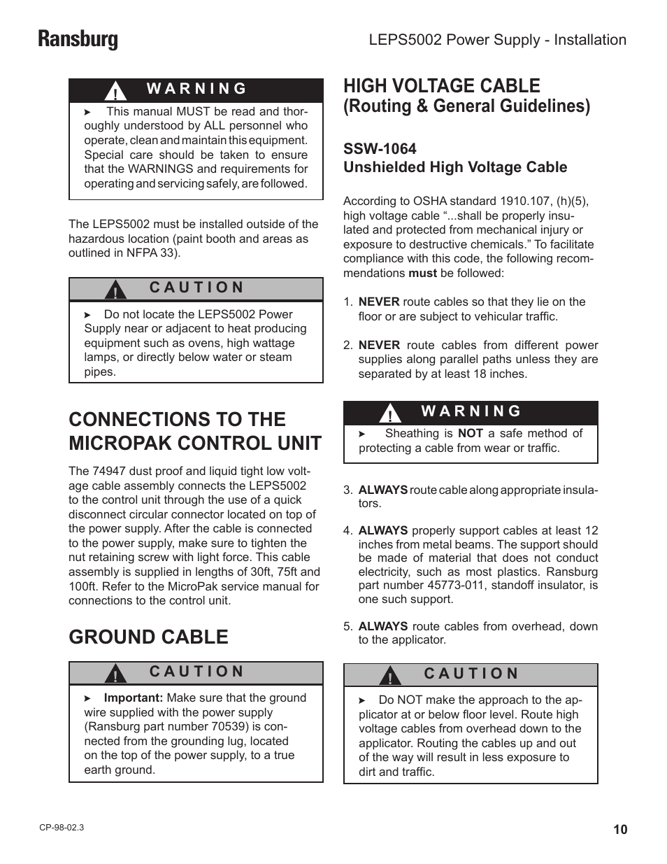 Ransburg, Ground cable high voltage cable, Connections to the micropak control unit | Routing & general guidelines) | Ransburg LEPS5002 Power Supply for MicroPak User Manual | Page 13 / 27