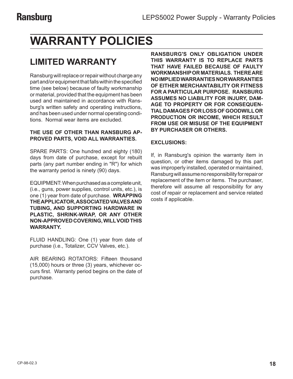 Warranty policies, Ransburg, Limited warranty | Ransburg LEPS5002 Power Supply for MicroPak User Manual | Page 21 / 27