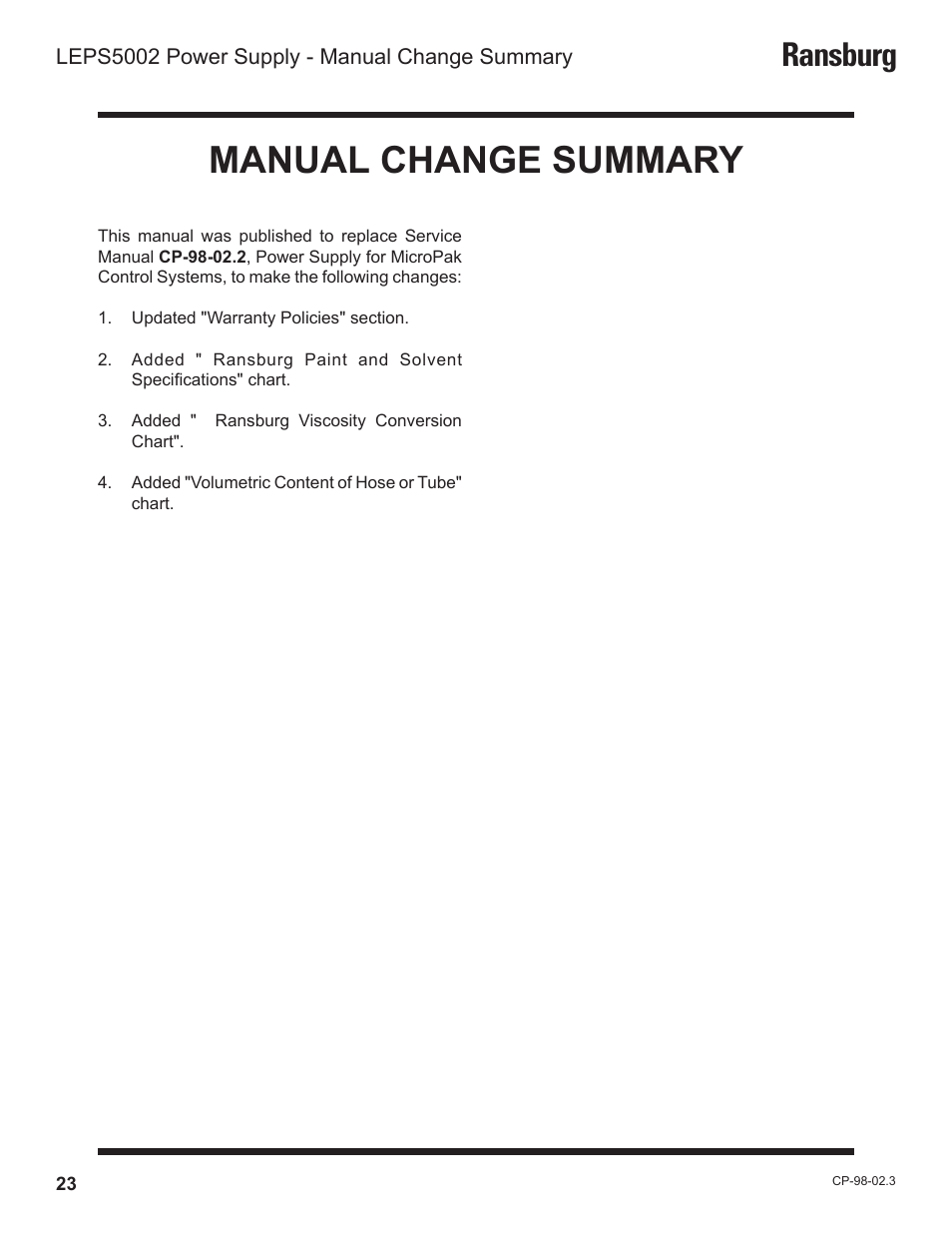 Manual change summary, Ransburg | Ransburg LEPS5002 Power Supply for MicroPak User Manual | Page 26 / 27