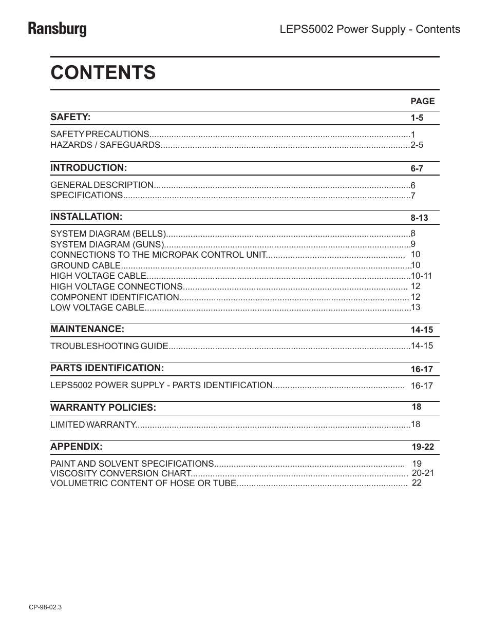 Ransburg LEPS5002 Power Supply for MicroPak User Manual | Page 3 / 27