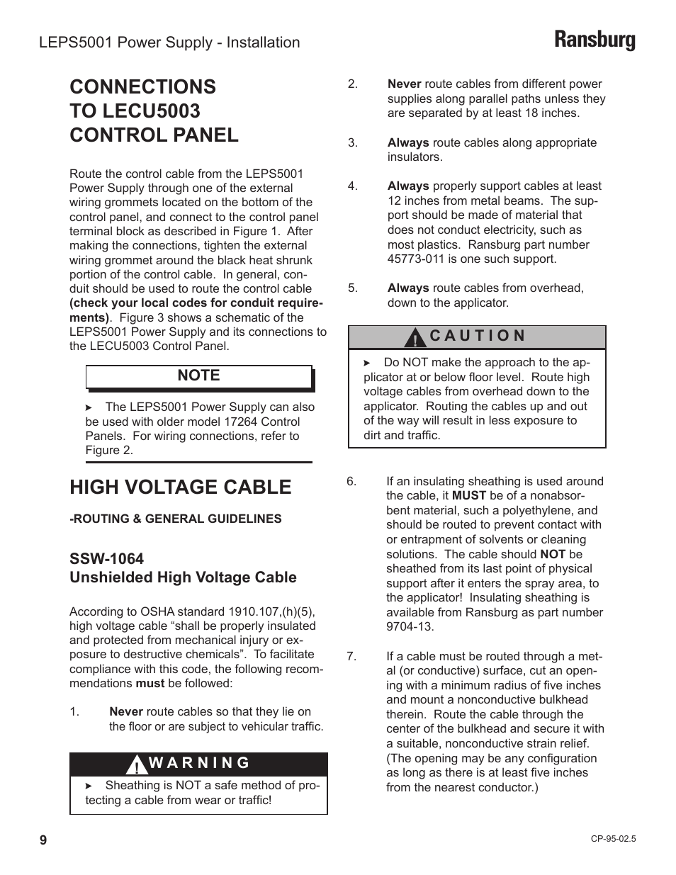 Ransburg, Connections to lecu5003 control panel, High voltage cable | Ransburg LEPS5001 Power Supply for LECU5003 User Manual | Page 12 / 28