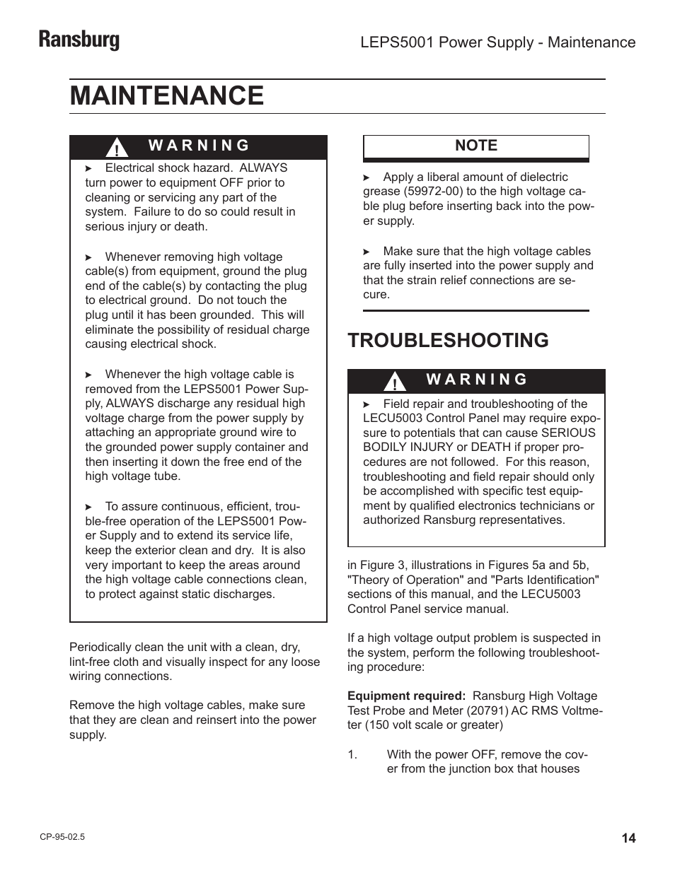 Maintenance, Ransburg, Troubleshooting | Ransburg LEPS5001 Power Supply for LECU5003 User Manual | Page 17 / 28