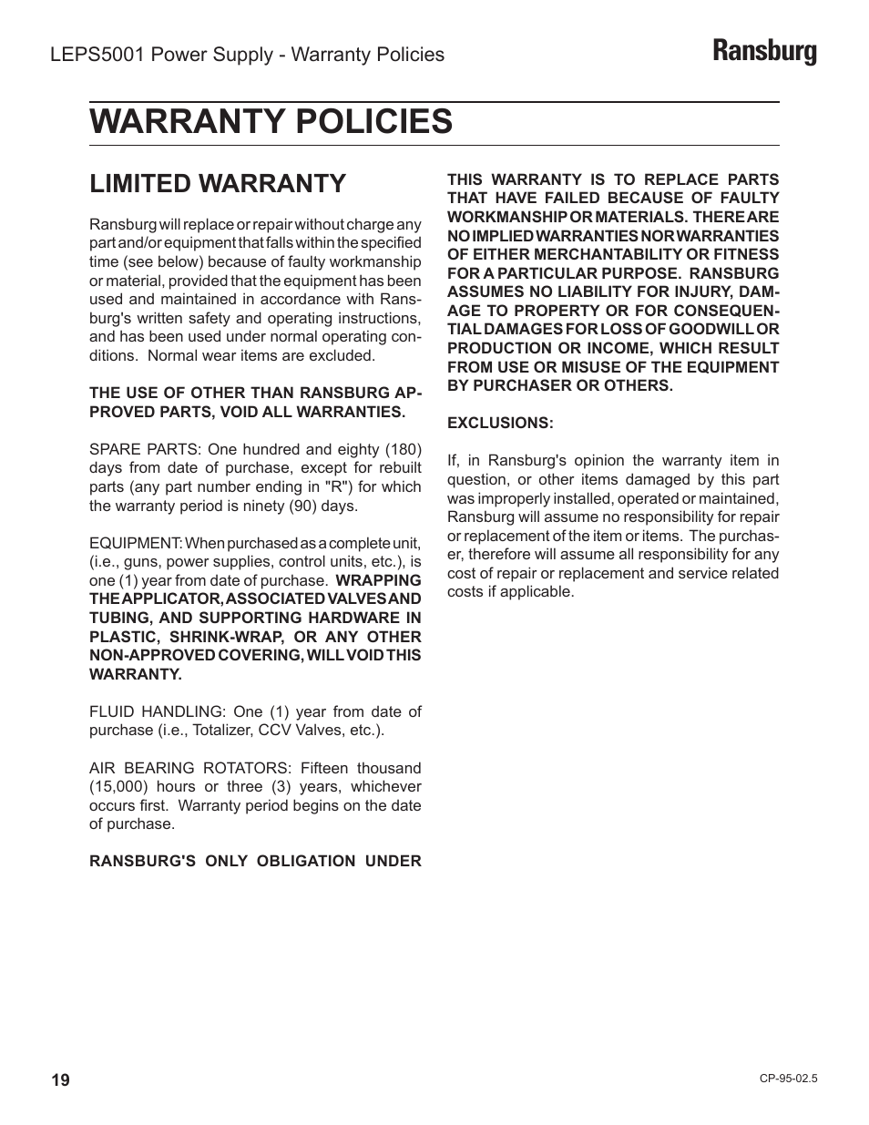 Warranty policies, Ransburg, Limited warranty | Ransburg LEPS5001 Power Supply for LECU5003 User Manual | Page 22 / 28