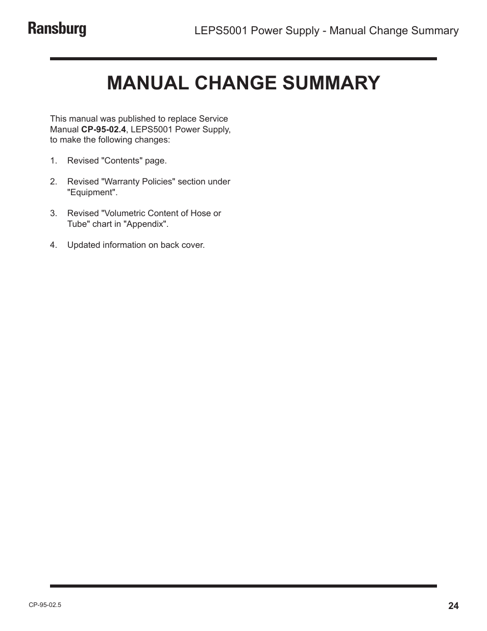 Manual change summary, Ransburg | Ransburg LEPS5001 Power Supply for LECU5003 User Manual | Page 27 / 28