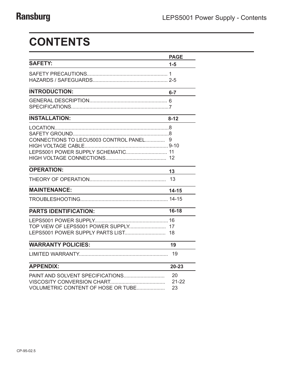 Ransburg LEPS5001 Power Supply for LECU5003 User Manual | Page 3 / 28