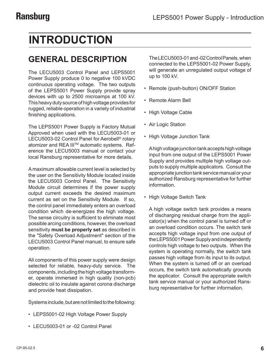 Introduction, Ransburg, General description | Leps5001 power supply - introduction | Ransburg LEPS5001 Power Supply for LECU5003 User Manual | Page 9 / 28