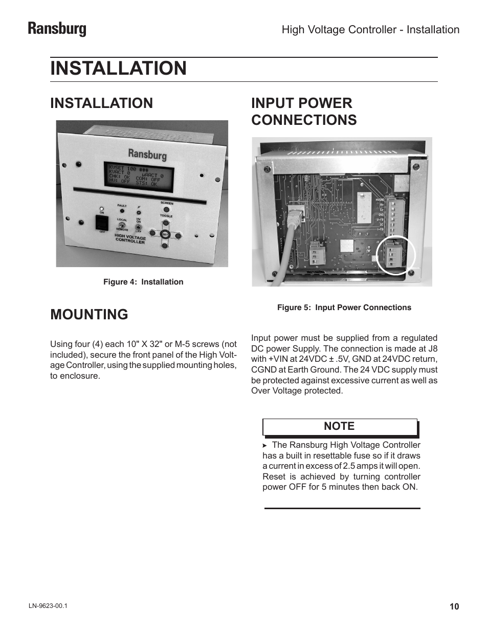Installation, Ransburg, Mounting | Input power connections | Ransburg HV Controller A12311 User Manual | Page 12 / 25