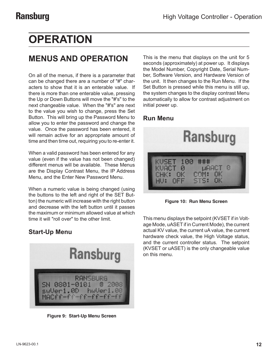 Operation, Ransburg, Menus and operation | Ransburg HV Controller A12311 User Manual | Page 14 / 25
