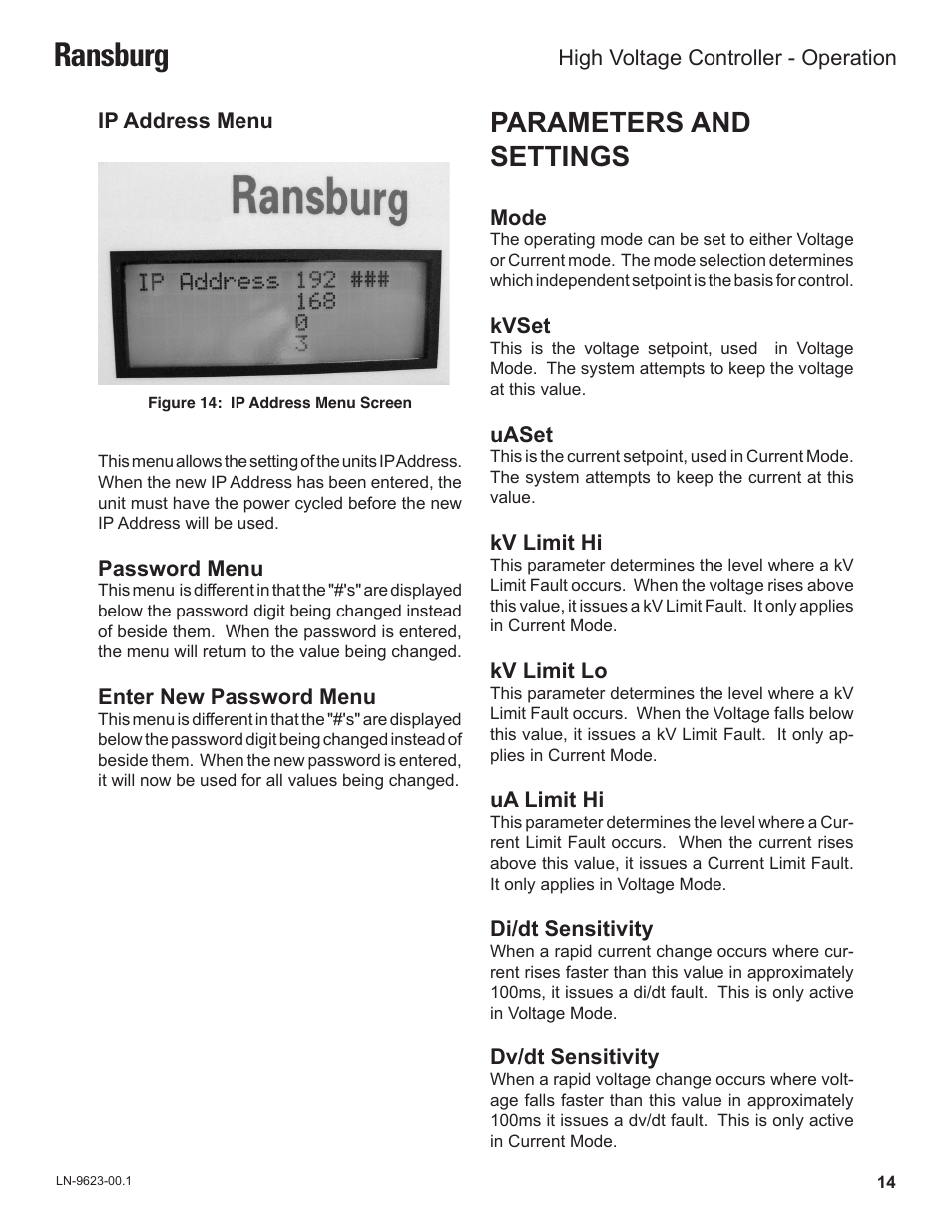 Ransburg, Parameters and settings | Ransburg HV Controller A12311 User Manual | Page 16 / 25