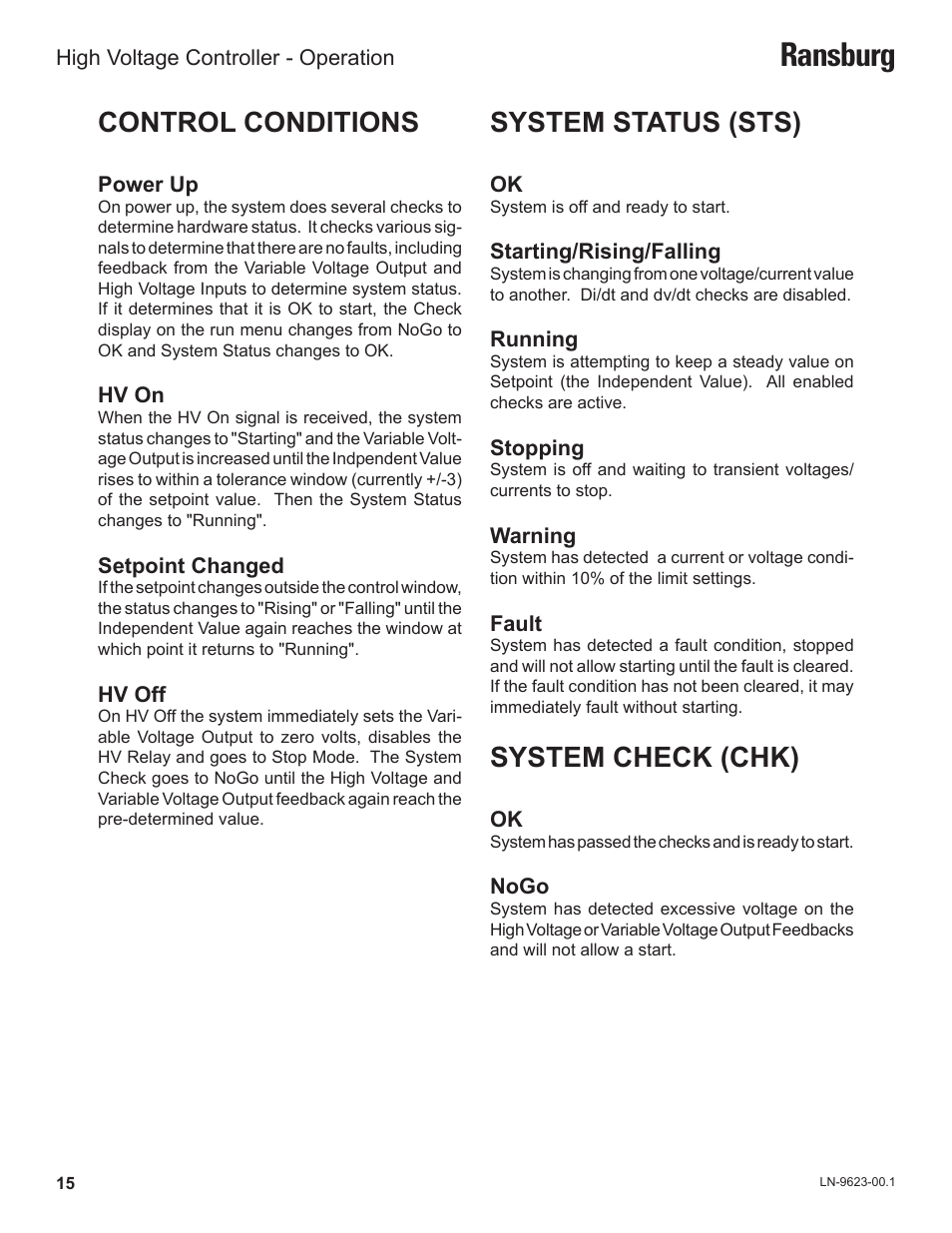 Ransburg, Control conditions, System status (sts) | System check (chk) | Ransburg HV Controller A12311 User Manual | Page 17 / 25