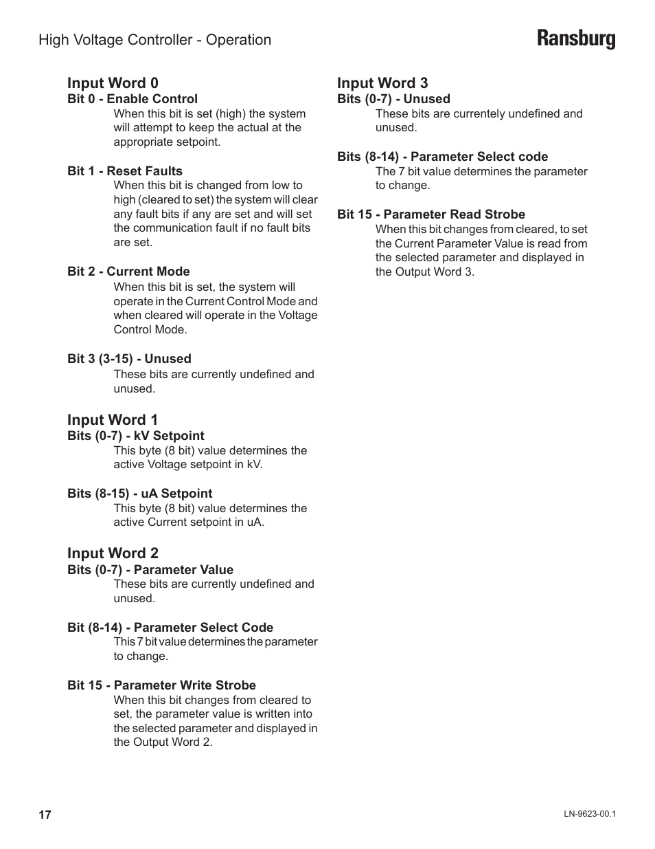 Ransburg, Input word 0, Input word 1 | Input word 2, Input word 3, High voltage controller - operation | Ransburg HV Controller A12311 User Manual | Page 19 / 25