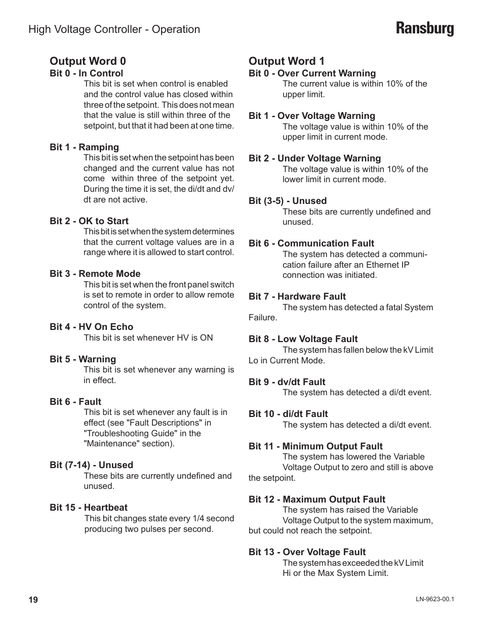 Ransburg, Output word 0, Output word 1 | High voltage controller - operation | Ransburg HV Controller A12311 User Manual | Page 21 / 25