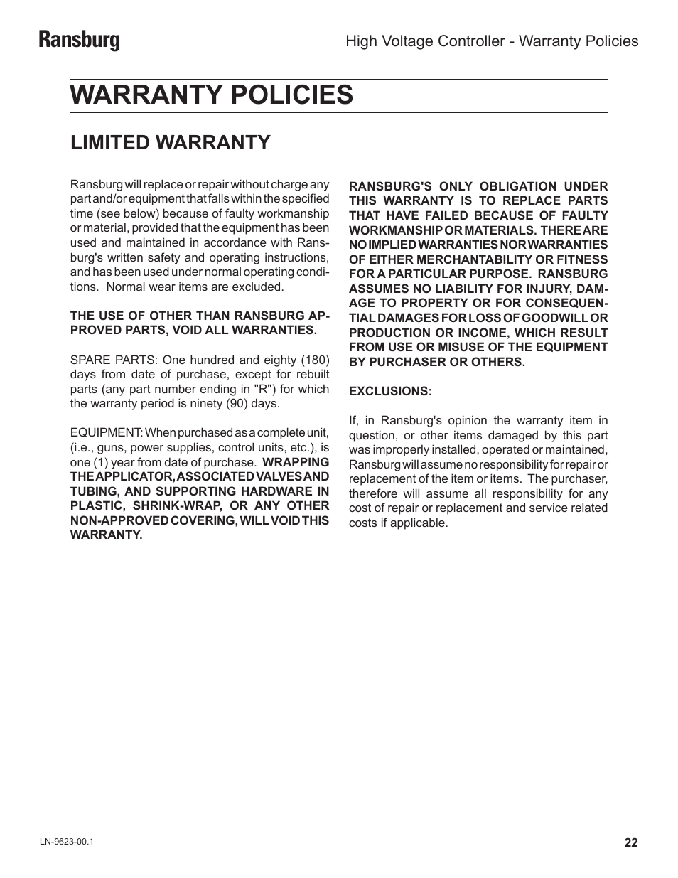 Warranty policies, Ransburg, Limited warranty | Ransburg HV Controller A12311 User Manual | Page 24 / 25