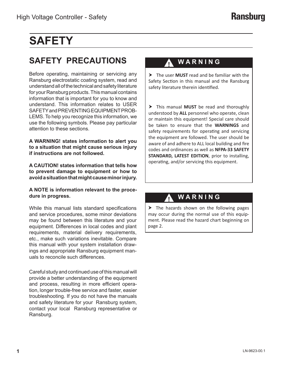 Safety, Ransburg, Safety precautions | Ransburg HV Controller A12311 User Manual | Page 3 / 25