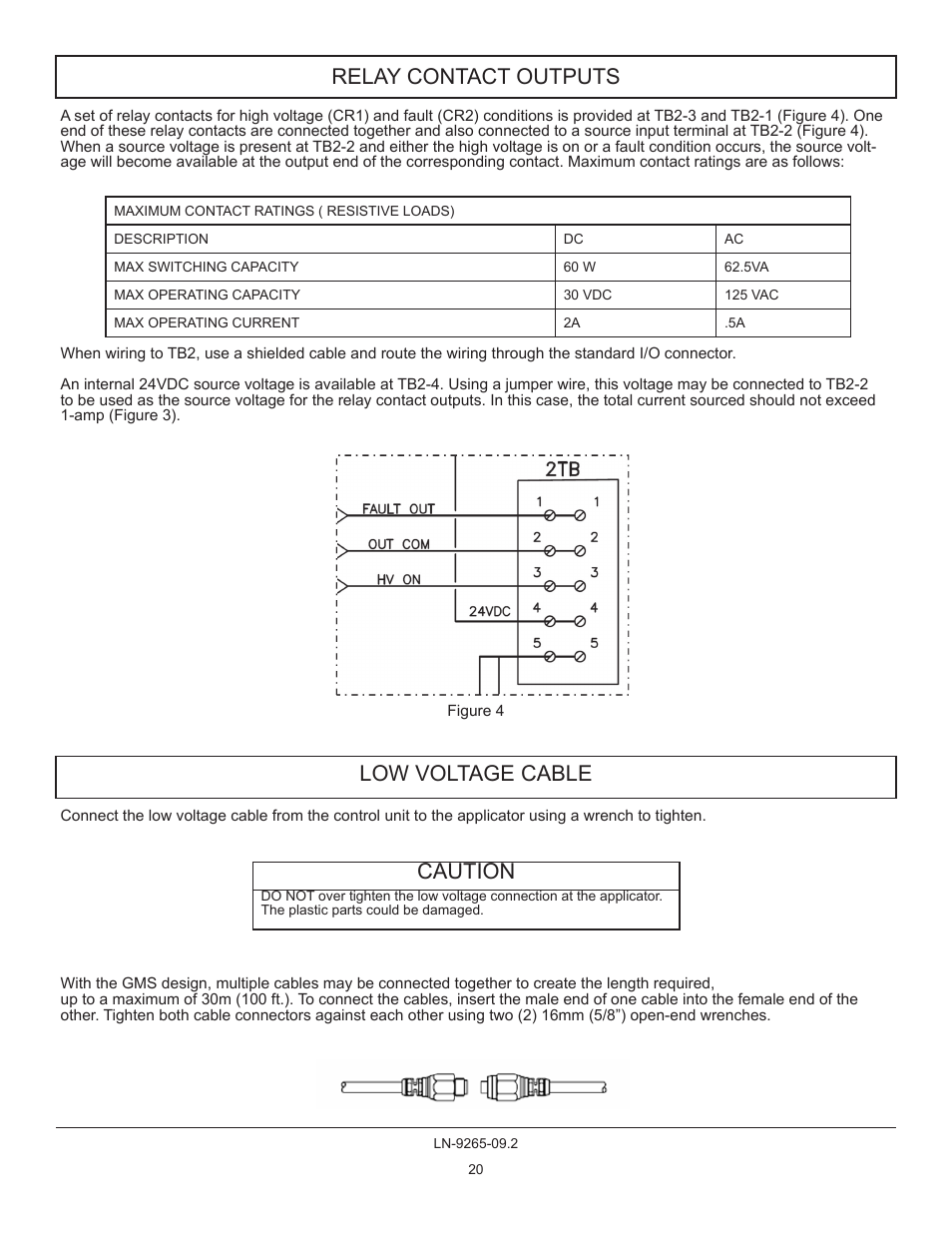 Relay contact outputs, Low voltage cable, Caution | Ransburg GMS Ground Monitoring System A12520-XXXX User Manual | Page 20 / 44