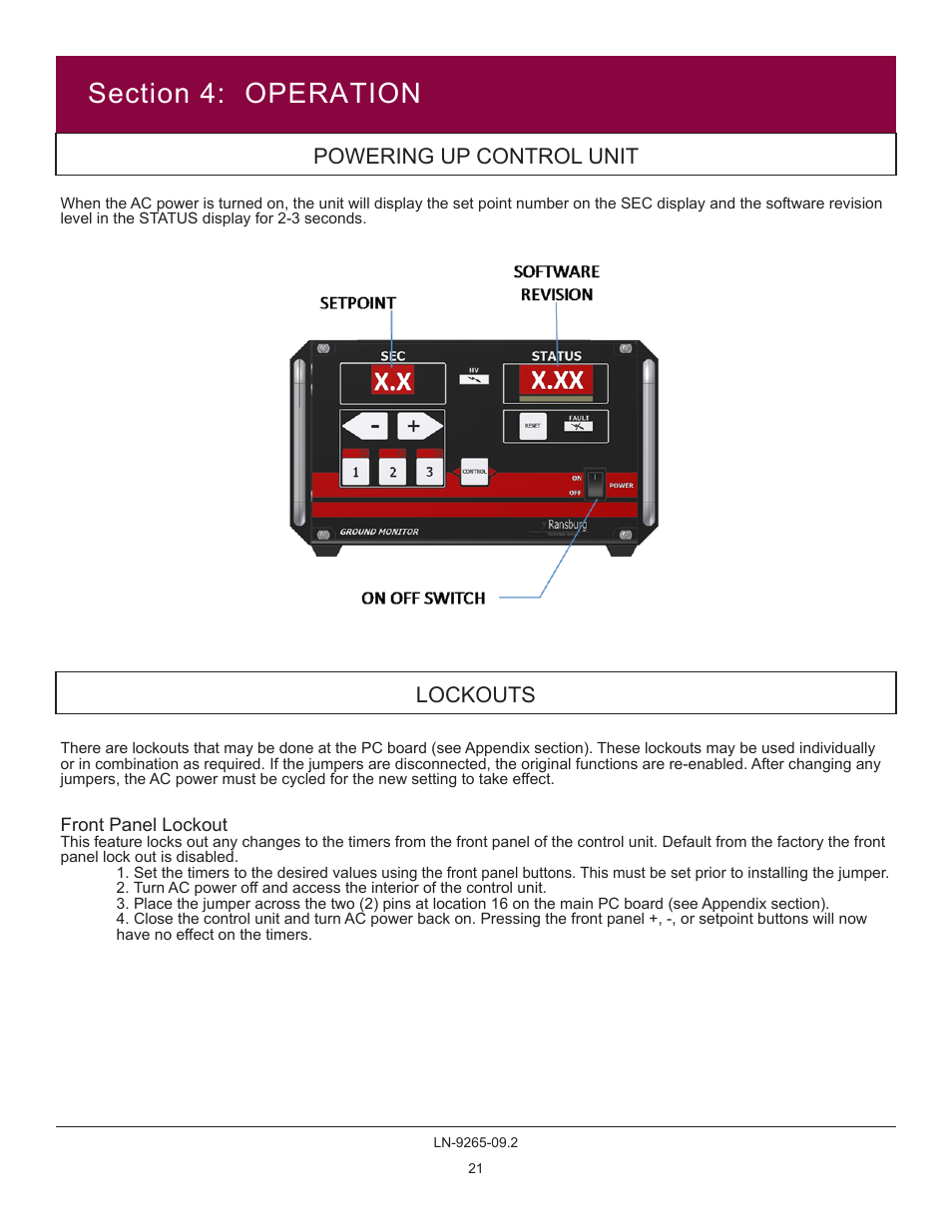 Powering up control unit lockouts | Ransburg GMS Ground Monitoring System A12520-XXXX User Manual | Page 21 / 44