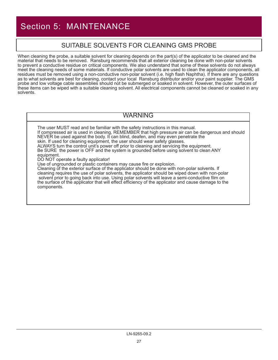 Suitable solvents for cleaning gms probe, Warning | Ransburg GMS Ground Monitoring System A12520-XXXX User Manual | Page 27 / 44