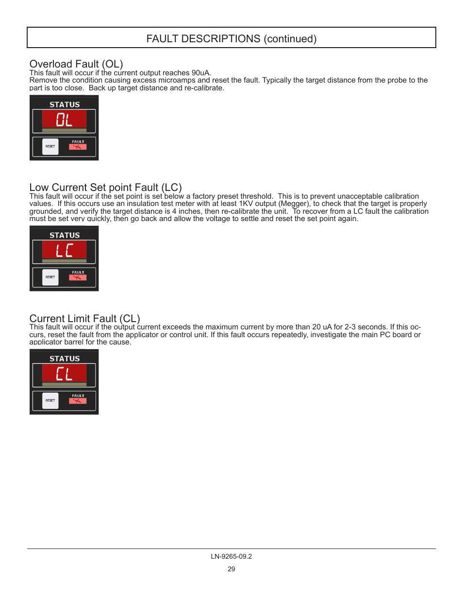 Fault descriptions (continued) overload fault (ol), Low current set point fault (lc), Current limit fault (cl) | Ransburg GMS Ground Monitoring System A12520-XXXX User Manual | Page 29 / 44