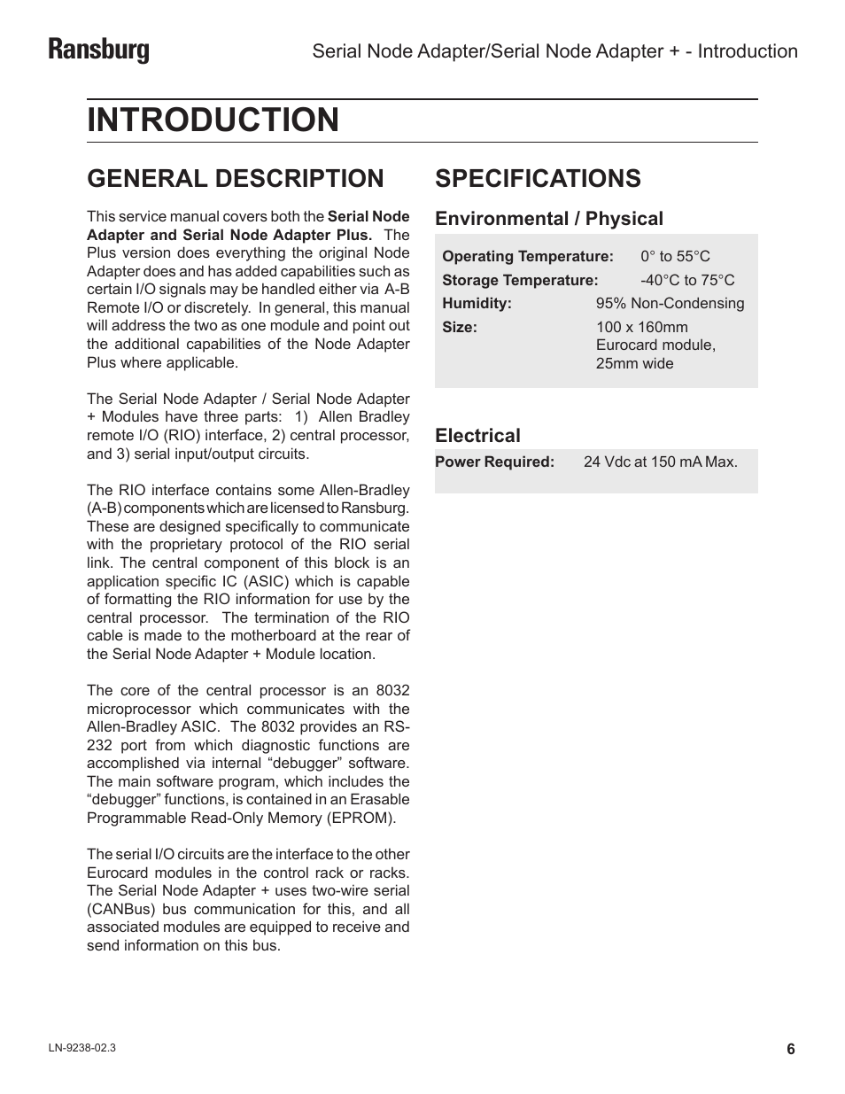 Introduction, Ransburg, General description | Specifications | Ransburg Serial Node Adapter LECU4002_78553 User Manual | Page 10 / 43