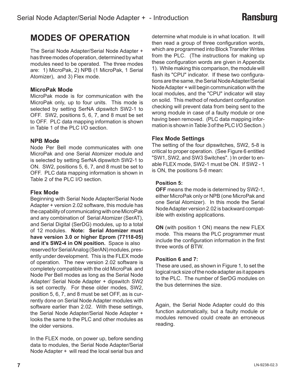 Ransburg, Modes of operation | Ransburg Serial Node Adapter LECU4002_78553 User Manual | Page 11 / 43