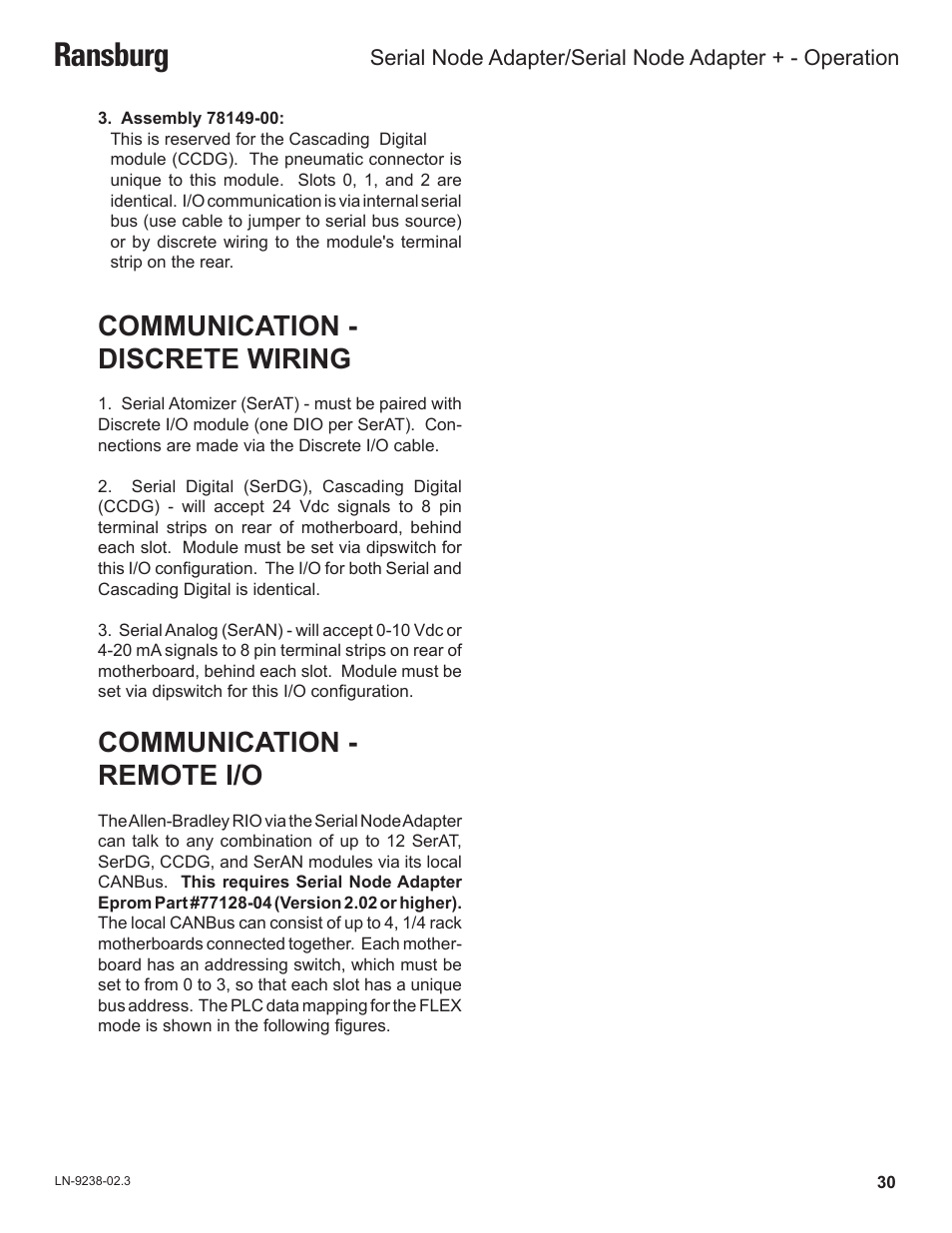 Ransburg, Communication - discrete wiring, Communication - remote i/o | Ransburg Serial Node Adapter LECU4002_78553 User Manual | Page 34 / 43