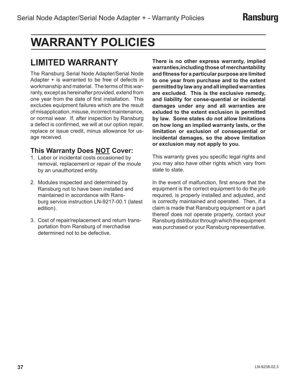 Warranty policies, Ransburg, Limited warranty | Ransburg Serial Node Adapter LECU4002_78553 User Manual | Page 41 / 43