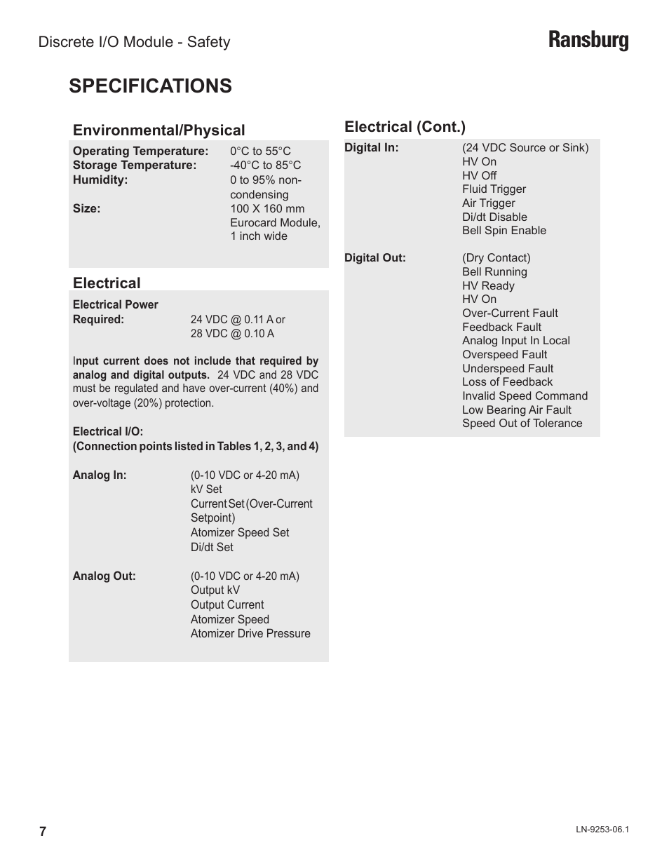 Ransburg, Specifications, Environmental/physical | Electrical, Electrical (cont.), Discrete i/o module - safety | Ransburg Discrete IO Module A11435 User Manual | Page 10 / 25