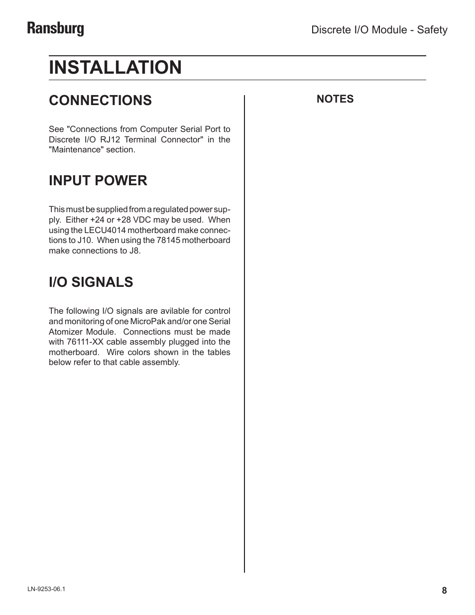 Installation, Ransburg, Connections | Input power, I/o signals | Ransburg Discrete IO Module A11435 User Manual | Page 11 / 25