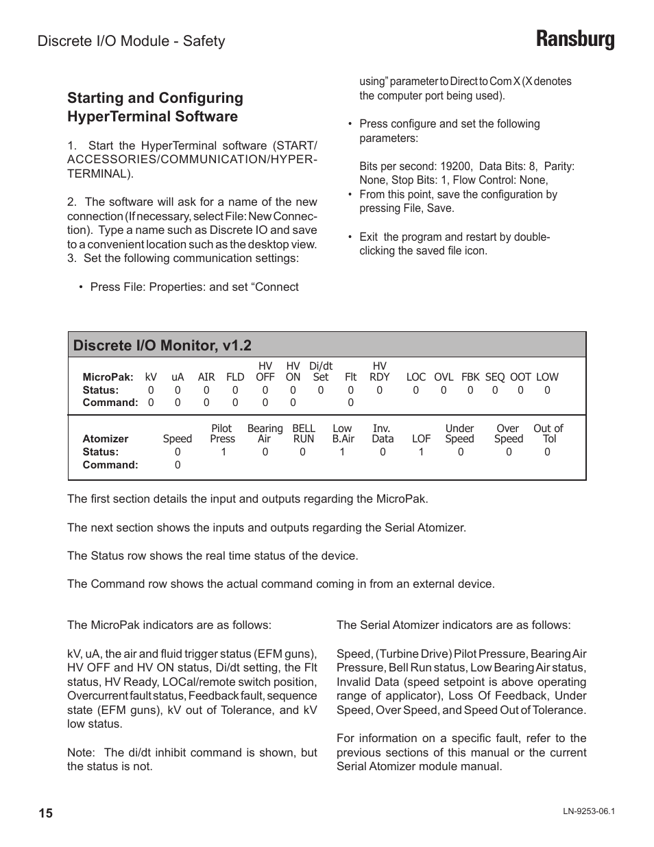 Ransburg, Starting and configuring hyperterminal software, Discrete i/o monitor, v1.2 | Discrete i/o module - safety | Ransburg Discrete IO Module A11435 User Manual | Page 18 / 25