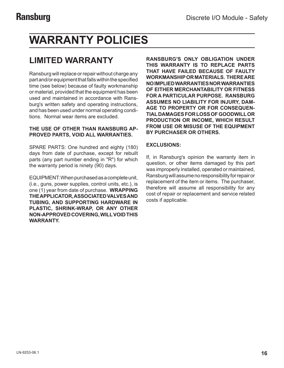 Warranty policies, Ransburg, Limited warranty | Ransburg Discrete IO Module A11435 User Manual | Page 19 / 25