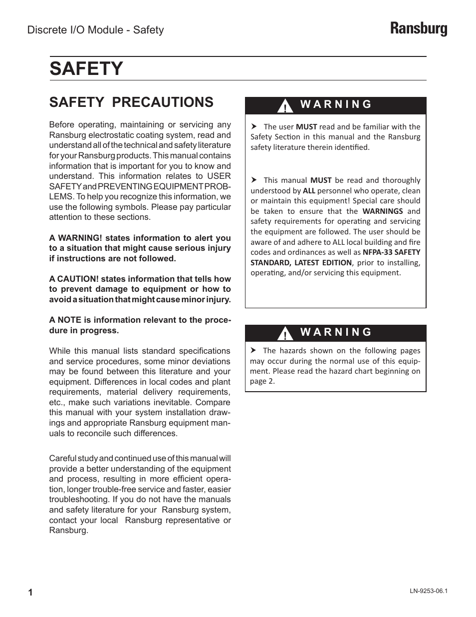 Safety, Ransburg, Safety precautions | Ransburg Discrete IO Module A11435 User Manual | Page 4 / 25