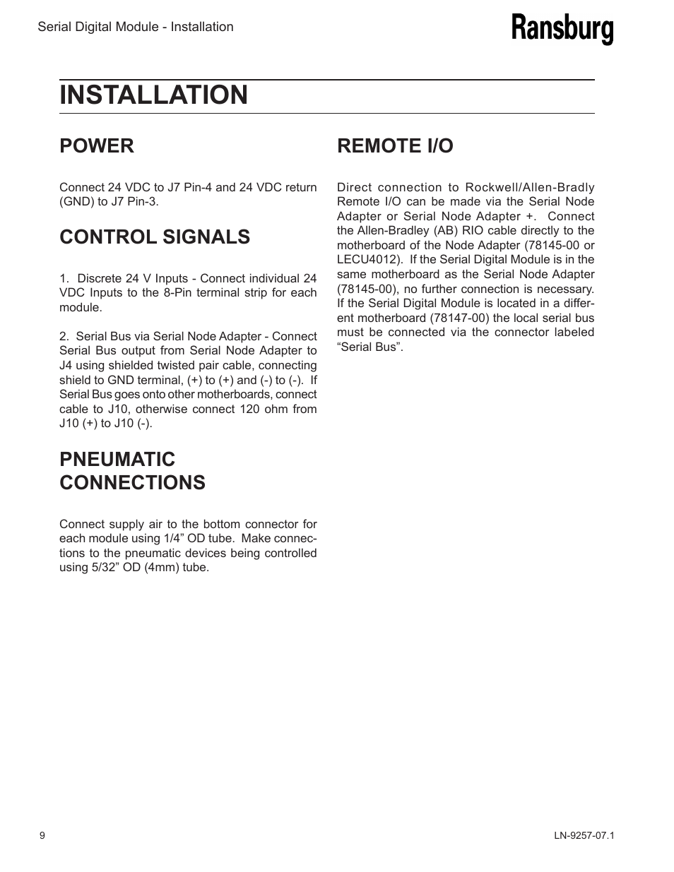 Installation, Power, Control signals | Pneumatic connections, Remote i/o | Ransburg Serial Digital Module 76911 User Manual | Page 12 / 16