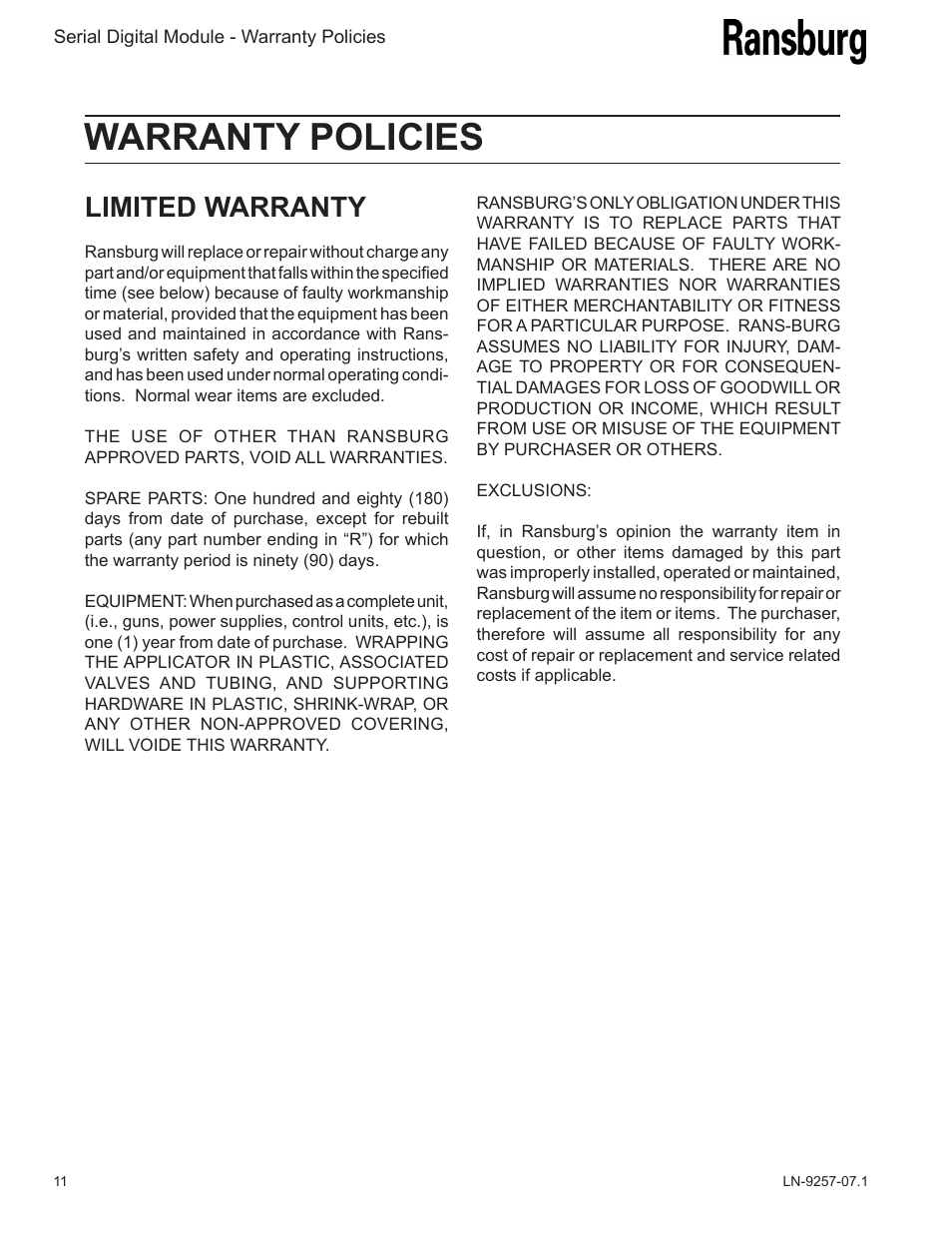 Warranty policies, Limited warranty | Ransburg Serial Digital Module 76911 User Manual | Page 14 / 16