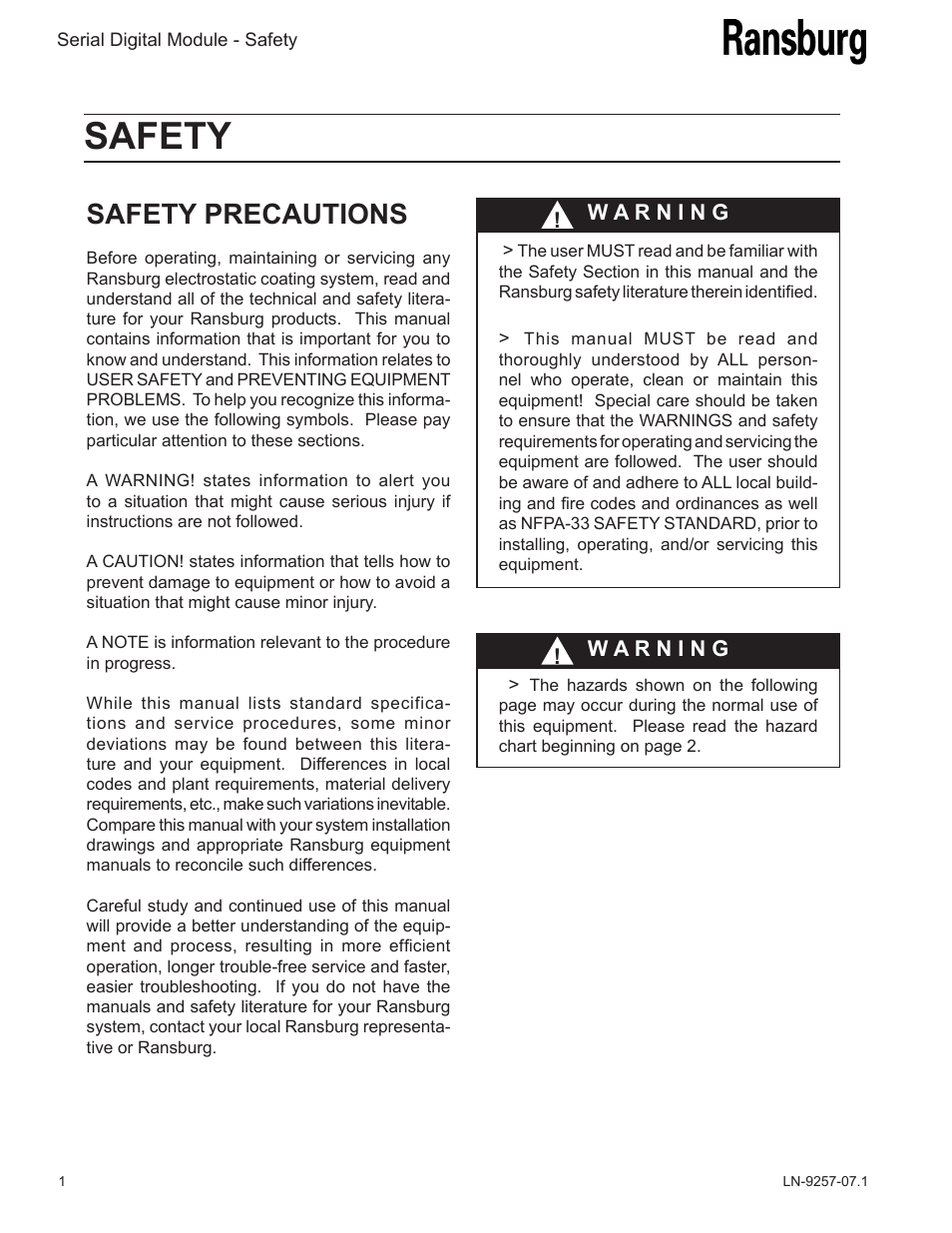 Safety, Safety precautions | Ransburg Serial Digital Module 76911 User Manual | Page 4 / 16