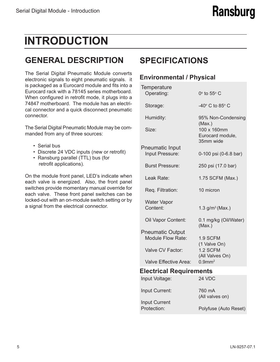 Introduction, Specifications, General description | Environmental / physical electrical requirements | Ransburg Serial Digital Module 76911 User Manual | Page 8 / 16