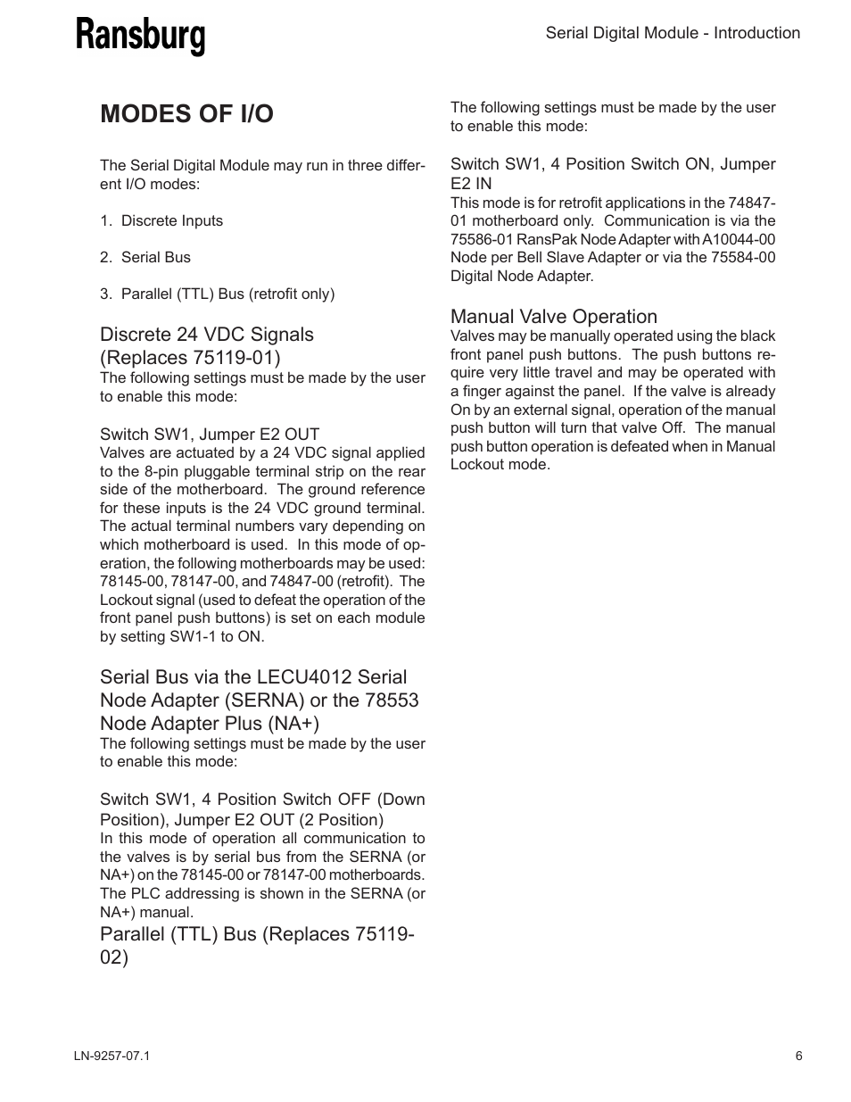 Modes of i/o | Ransburg Serial Digital Module 76911 User Manual | Page 9 / 16