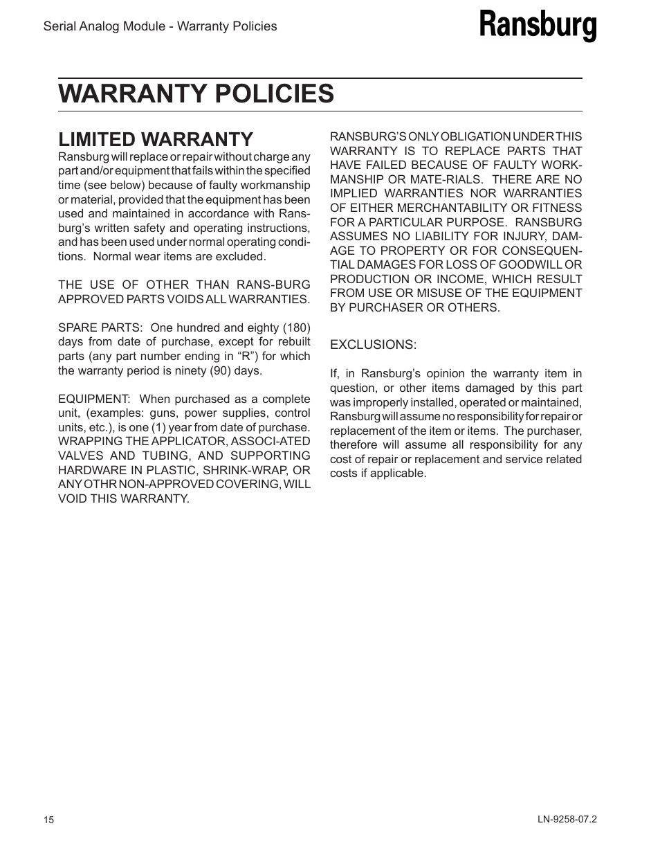 Warranty policies, Limited warranty | Ransburg Serial Analog Module A11012 User Manual | Page 18 / 20