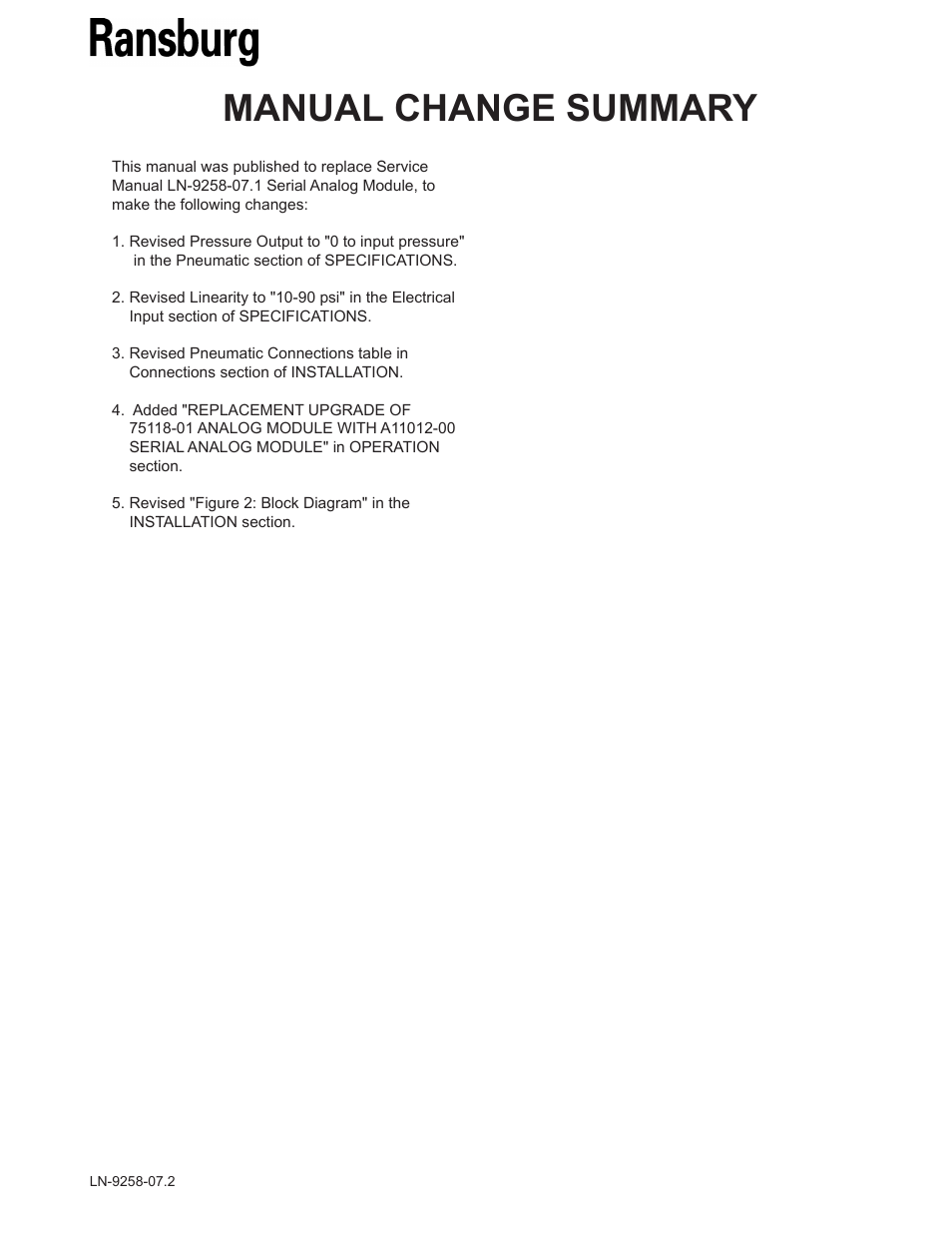 Manual change summary | Ransburg Serial Analog Module A11012 User Manual | Page 19 / 20
