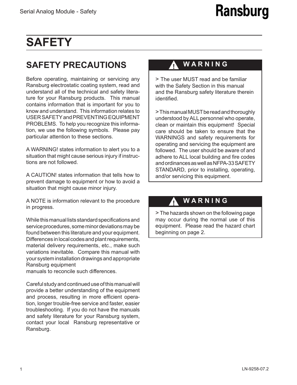 Safety, Safety precautions | Ransburg Serial Analog Module A11012 User Manual | Page 4 / 20