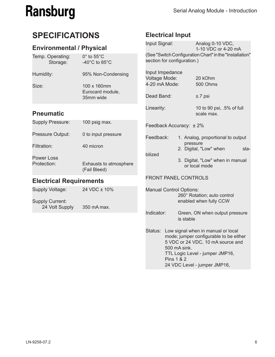 Specifications, Electrical input, Pneumatic | Environmental / physical, Electrical requirements | Ransburg Serial Analog Module A11012 User Manual | Page 9 / 20