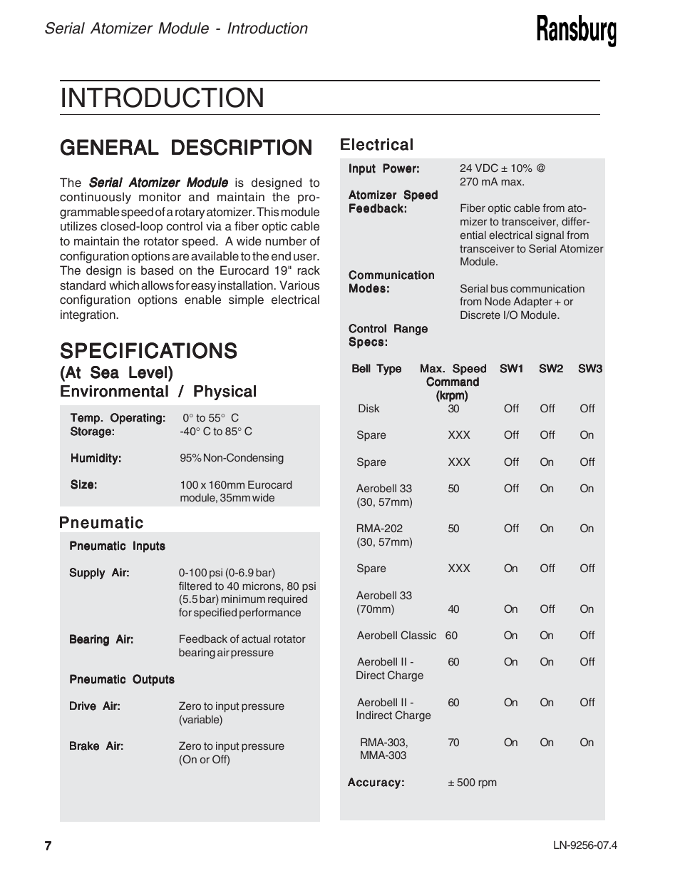 Introduction, General description, Specifica | Specifica specifications tions tions tions tions, Serial atomizer module - introduction, At sea level), Electrical | Ransburg Serial Atomizer Module A11925-00 User Manual | Page 10 / 26