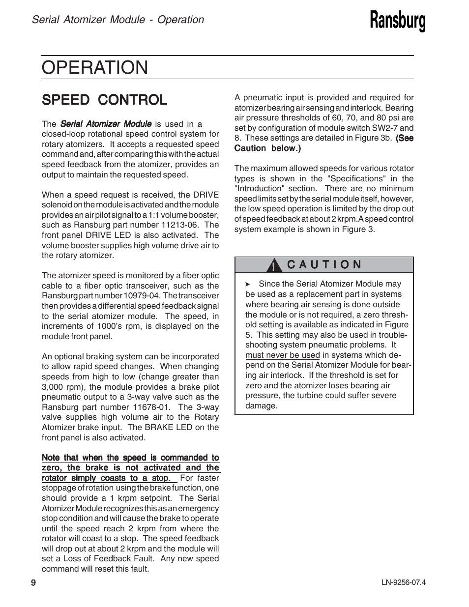 Operation, Speed control | Ransburg Serial Atomizer Module A11925-00 User Manual | Page 12 / 26