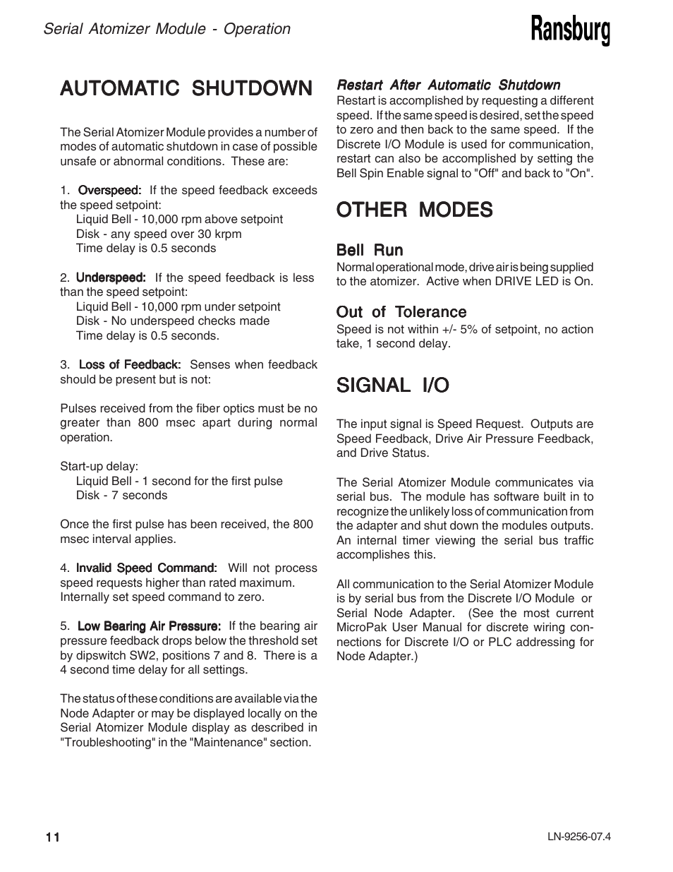 Other modes, Signal i/o | Ransburg Serial Atomizer Module A11925-00 User Manual | Page 14 / 26