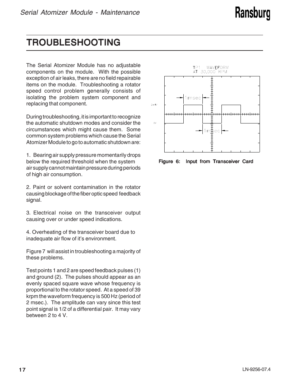 Troubleshooting | Ransburg Serial Atomizer Module A11925-00 User Manual | Page 20 / 26