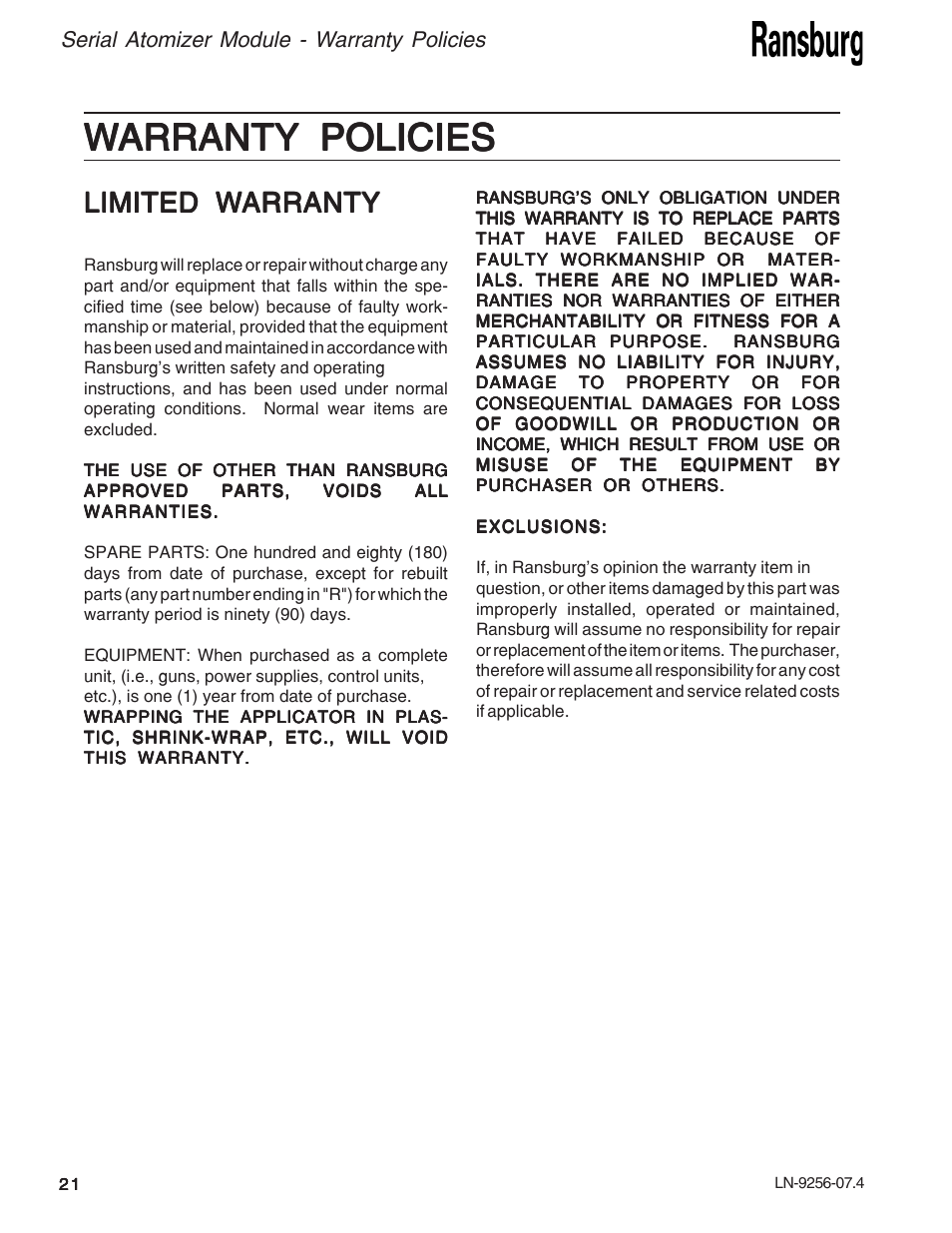 Limited w | Ransburg Serial Atomizer Module A11925-00 User Manual | Page 24 / 26