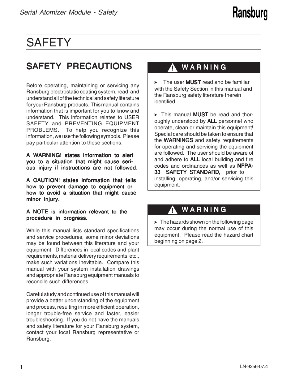 Safety, Safety precautions, Serial atomizer module - safety | Ransburg Serial Atomizer Module A11925-00 User Manual | Page 4 / 26